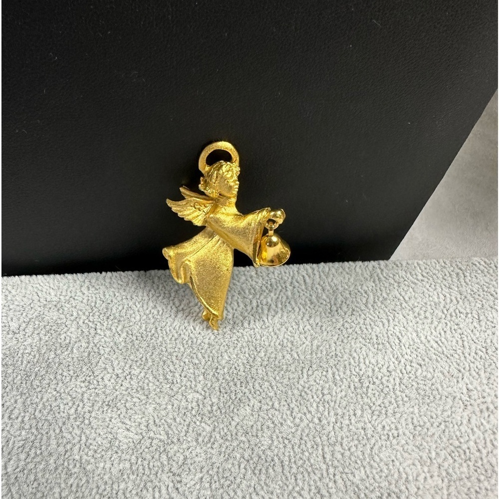 Vintage Robyn Rush RR Angel Bell Pin Brooch Gold Tone
